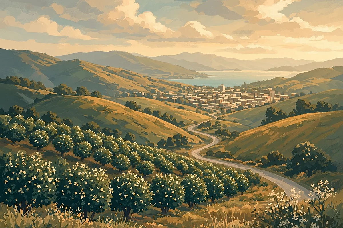 Golden hills and orchards under a warm sky