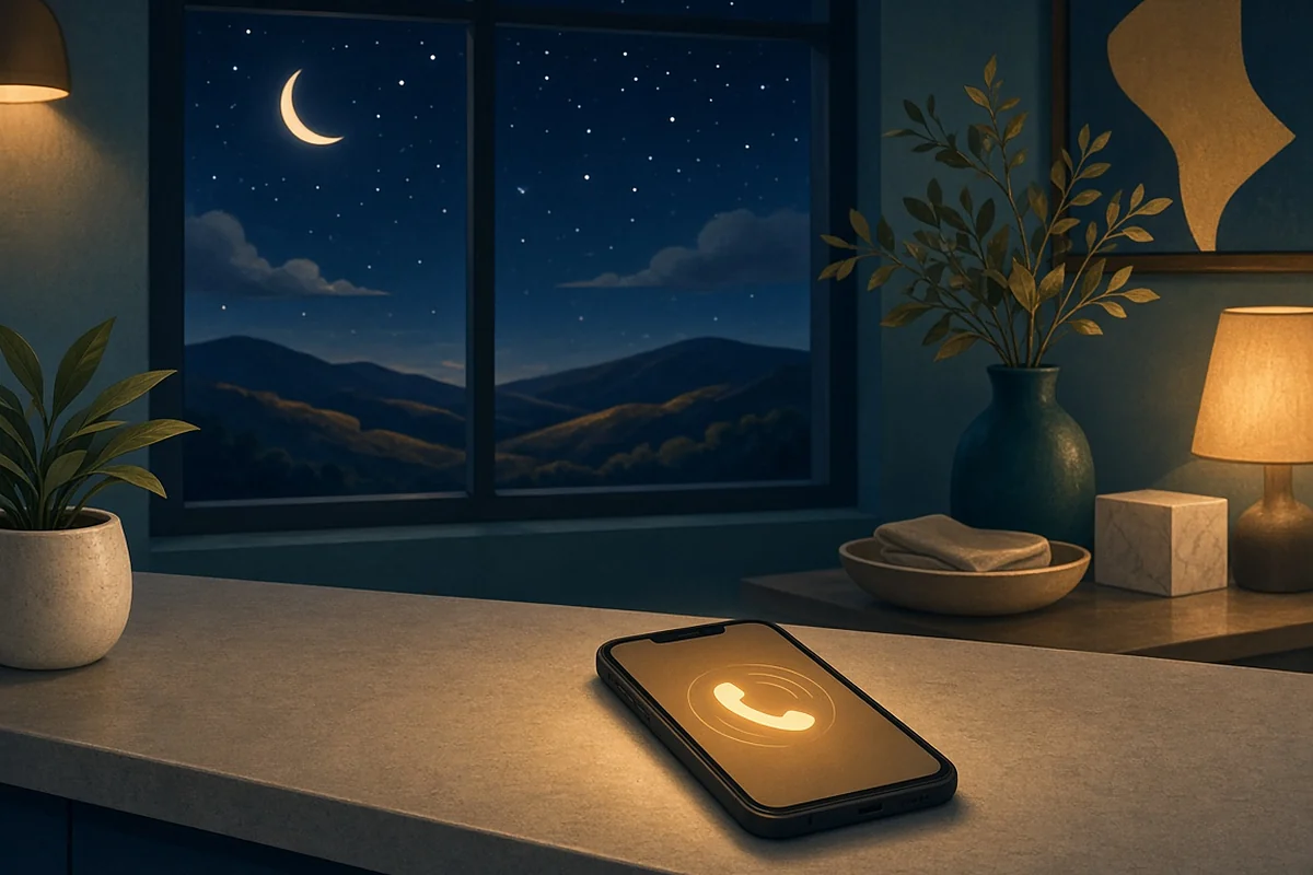 A phone glowing on a quiet front desk at night