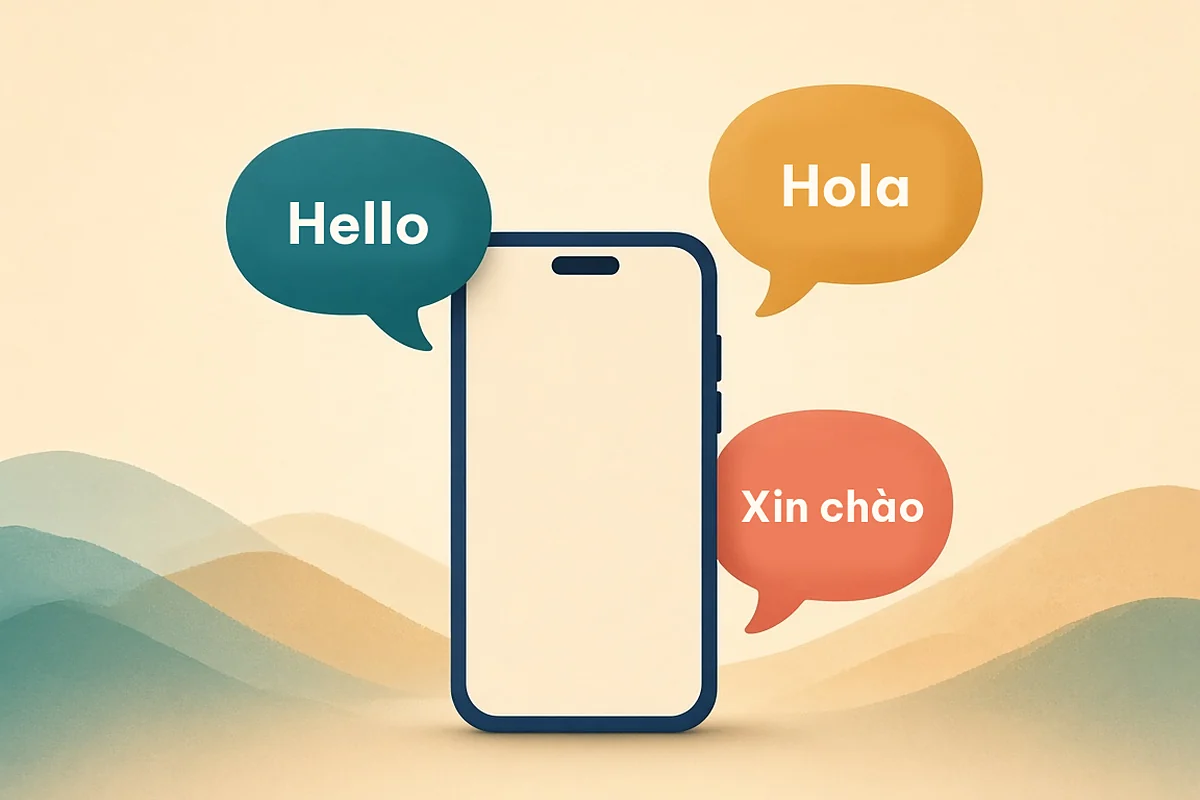 Speech bubbles saying Hello, Hola and Xin chào around a phone