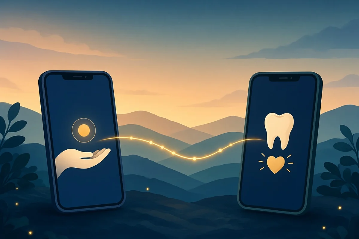Two phones connected by a glowing line, one showing a tooth with a heart