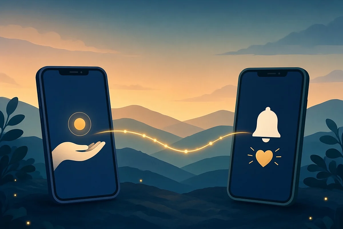 Two phones connected by a glowing line, one showing a bell with a small heart