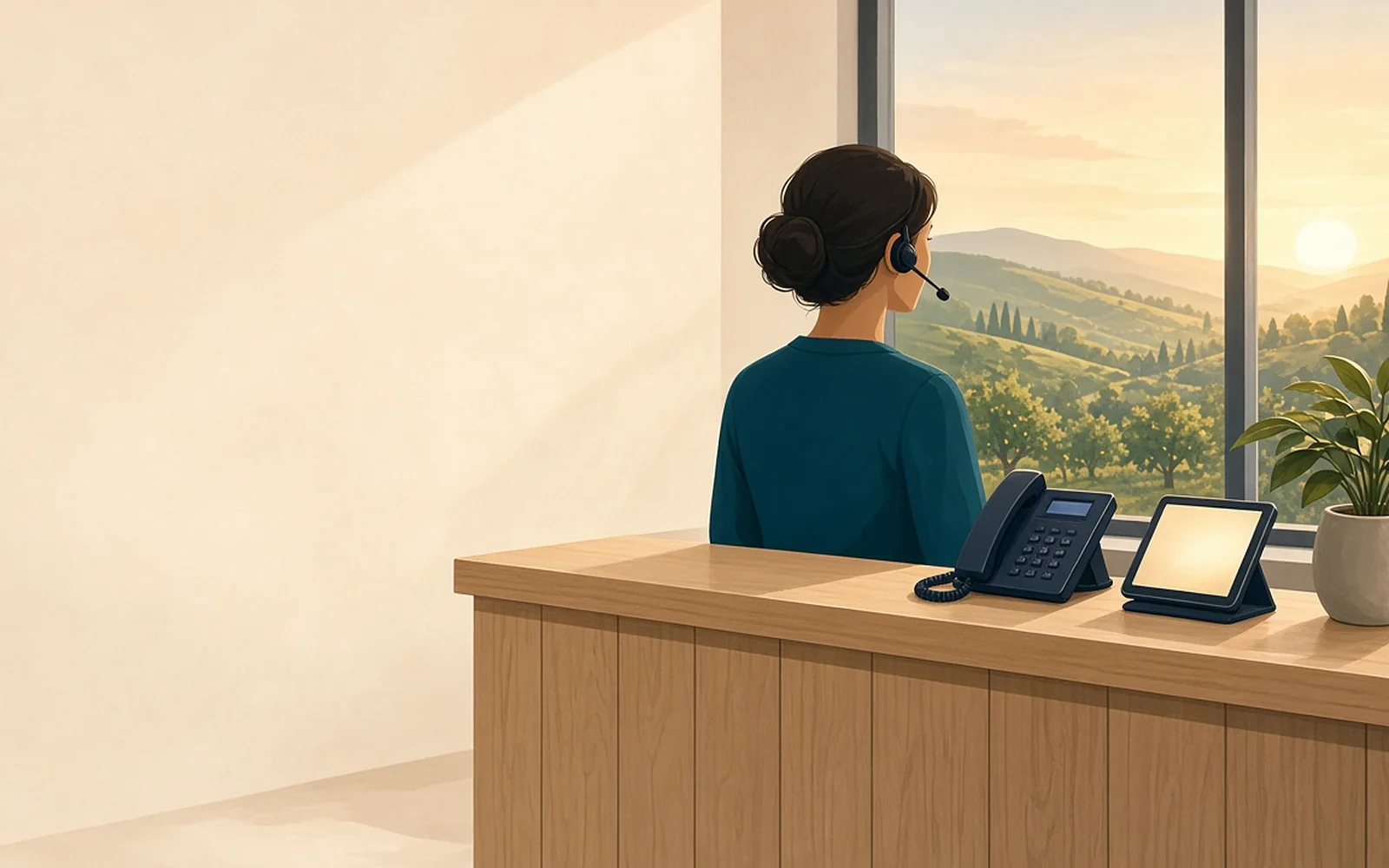 A receptionist at a sunny front desk with a phone and tablet, looking out over sunny hills